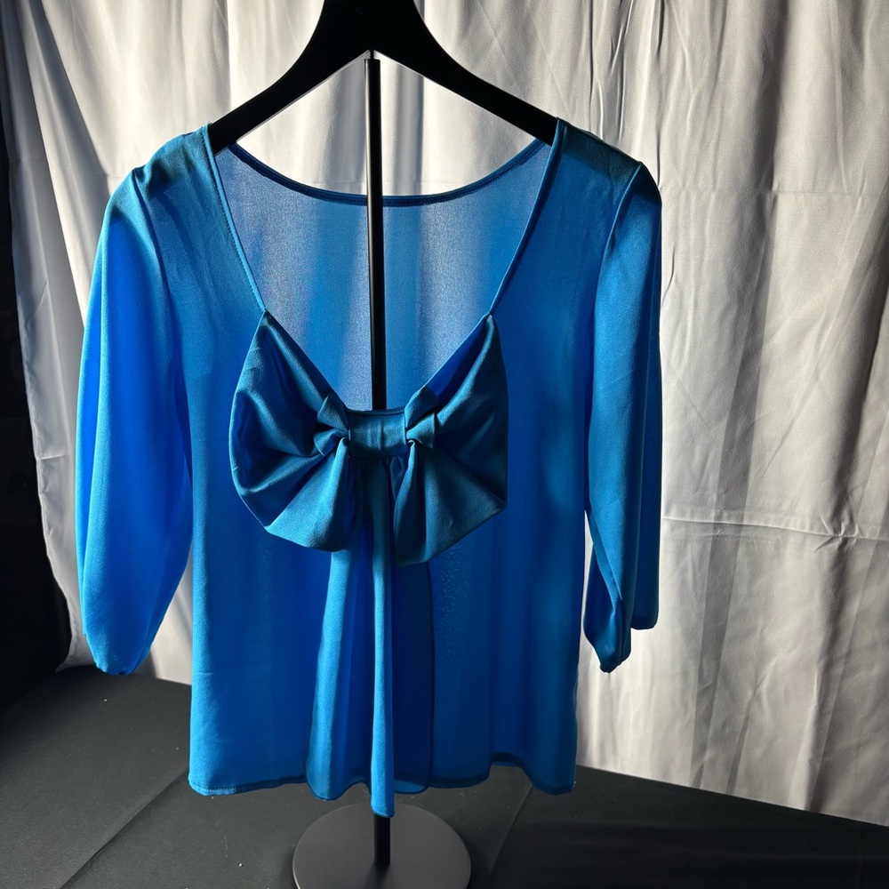 Small link landscape Chic Blue Women's Blouse with Bow Detail
